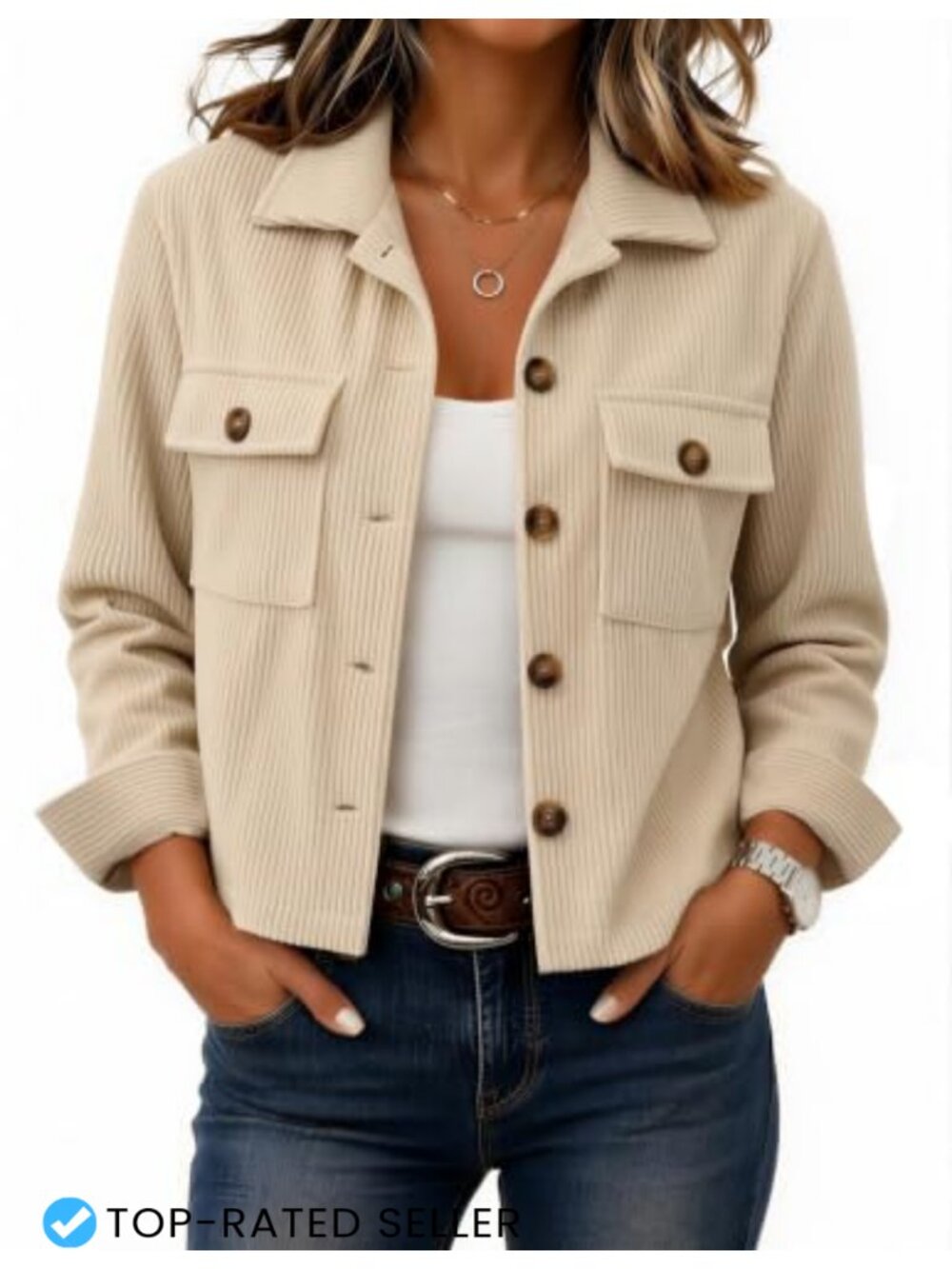 Women's Corduroy Cropped Jacket Button Down Long Sleeve Shacket